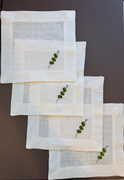 Embroidered Linen Cocktail Napkins | Set of 4